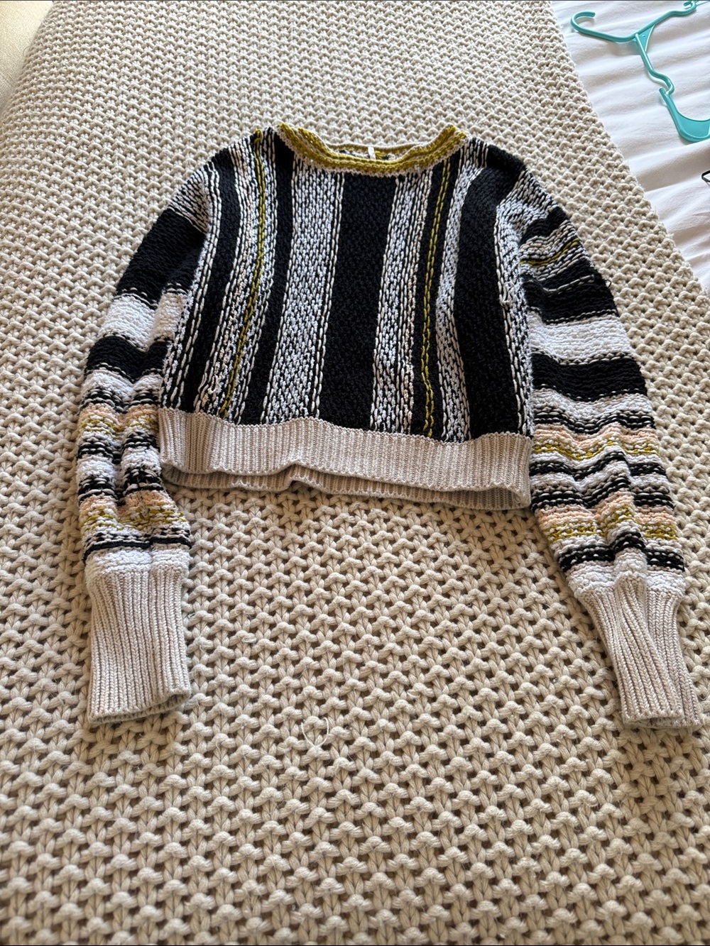 Free People Striped Cropped Crewneck Sweater in Black, White & Yellow